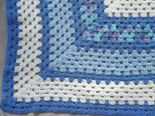 photo of vintage blue & white crochet afghan, huge crocheted granny square blanket #3