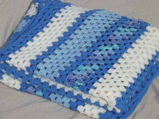 photo of vintage blue & white crochet afghan, huge crocheted granny square blanket #4