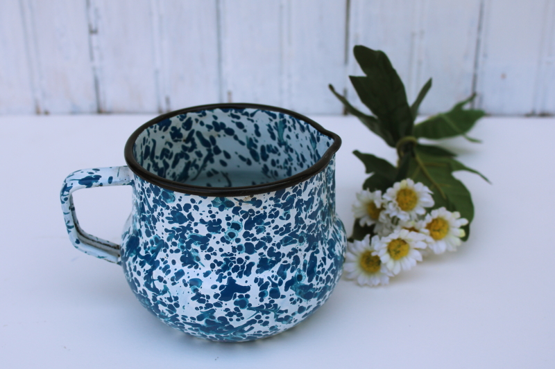 photo of vintage blue & white enamelware pitcher, country cottage style splatterware creamer  #1