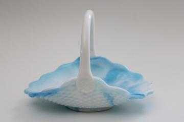 catalog photo of vintage blue & white milk glass, hobnail swirl slag glass basket, Fenton