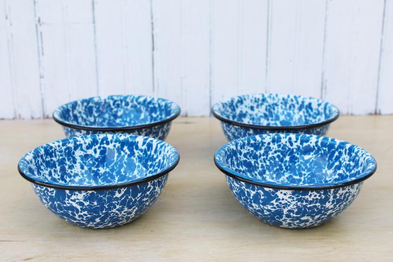 photo of vintage blue & white splatter enamelware camp bowls, big deep stew or chili bowl set of 4  #1