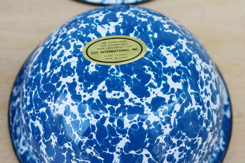 photo of vintage blue & white splatter enamelware camp bowls, big deep stew or chili bowl set of 4  #4