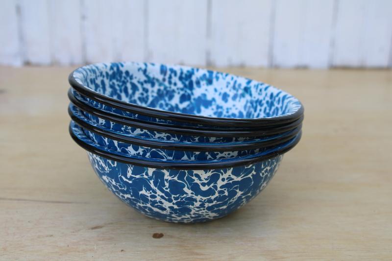 photo of vintage blue & white splatter enamelware camp bowls, big deep stew or chili bowl set of 4  #6