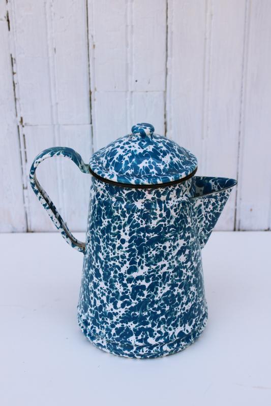 photo of vintage blue & white splatterware enamelware coffee pot for camp or country kitchen #1