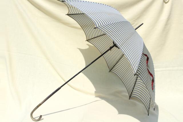 photo of vintage blue & white striped parasol sun shade umbrella, 1910-20s regatta style! #1