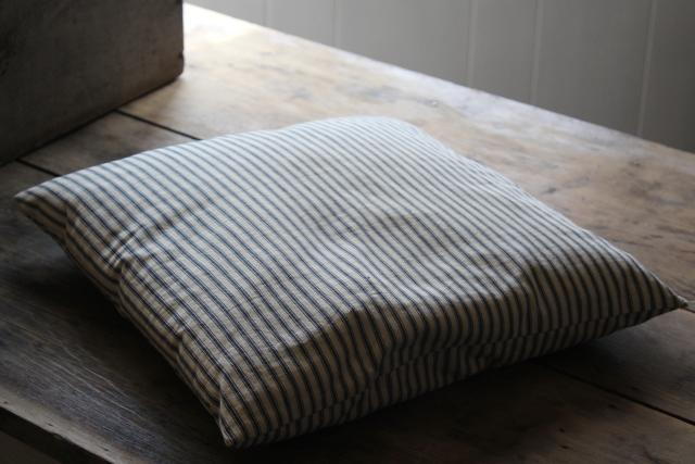 photo of vintage blue & white ticking stripe chair seat cushion, small feather pillow #1