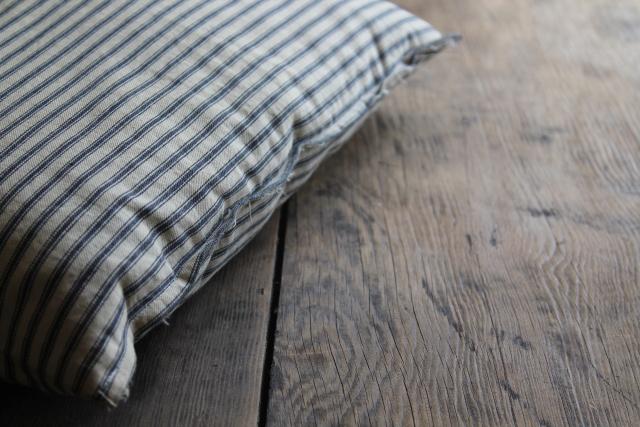 photo of vintage blue & white ticking stripe chair seat cushion, small feather pillow #2