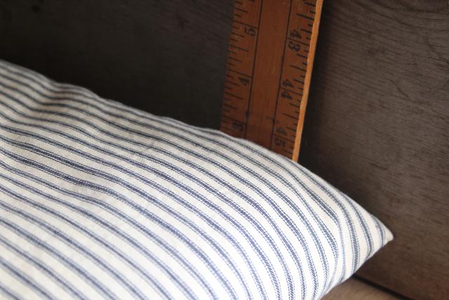 photo of vintage blue & white ticking stripe chair seat cushion, small feather pillow #4