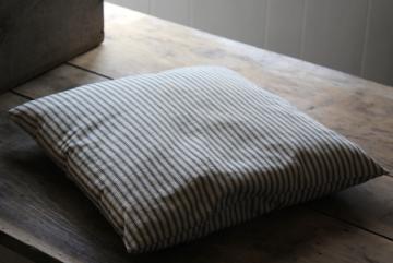 catalog photo of vintage blue & white ticking stripe chair seat cushion, small feather pillow