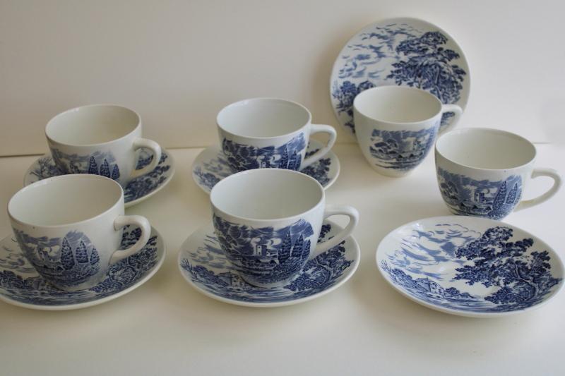 photo of vintage blue & white transferware Countryside Wedgwood china tea cups and saucers #1