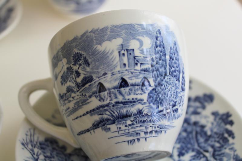 photo of vintage blue & white transferware Countryside Wedgwood china tea cups and saucers #4