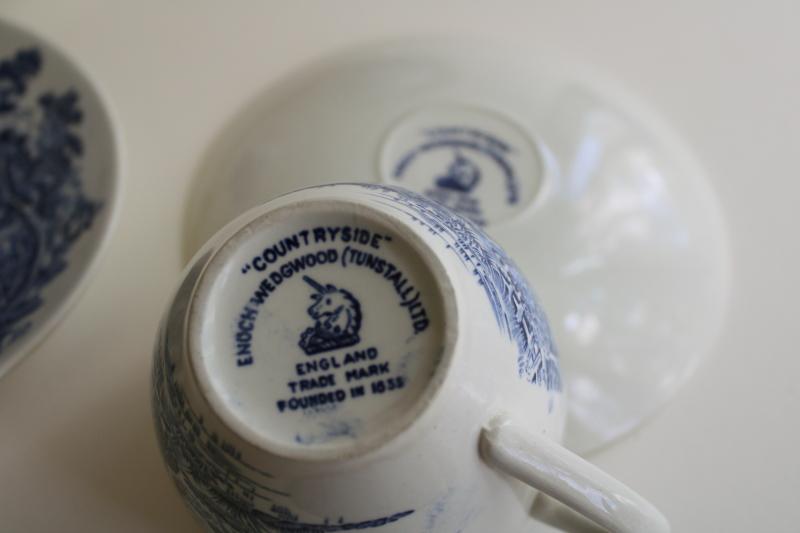 photo of vintage blue & white transferware Countryside Wedgwood china tea cups and saucers #5