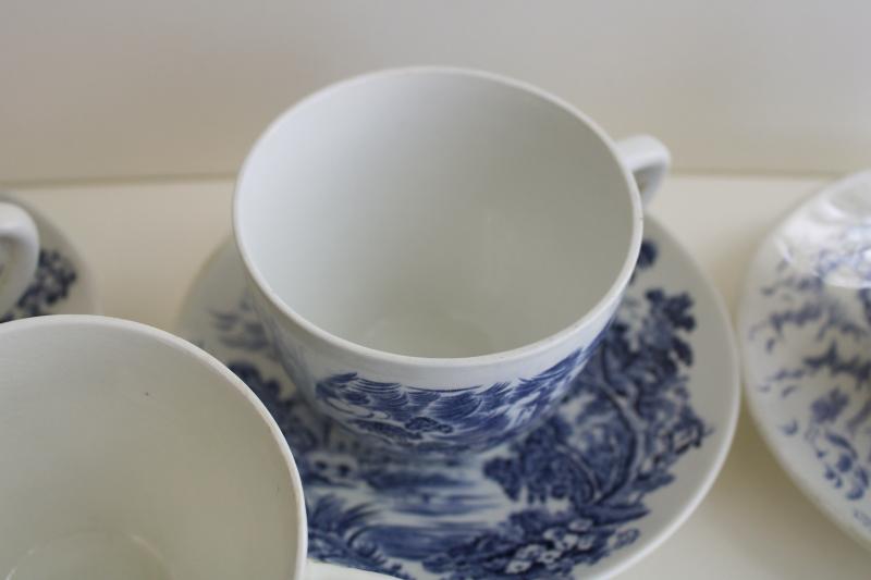 photo of vintage blue & white transferware Countryside Wedgwood china tea cups and saucers #8