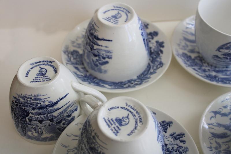 photo of vintage blue & white transferware Countryside Wedgwood china tea cups and saucers #9