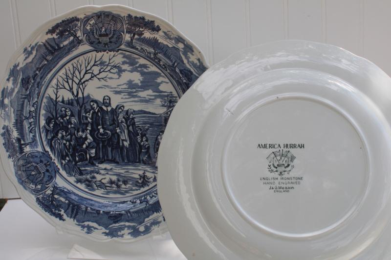 photo of vintage blue & white transferware Thanksgiving plates Pilgrims at Plymouth America Hurrah #1