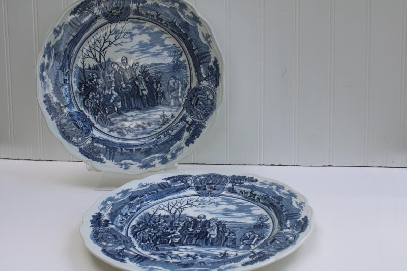 photo of vintage blue & white transferware Thanksgiving plates Pilgrims at Plymouth America Hurrah #3