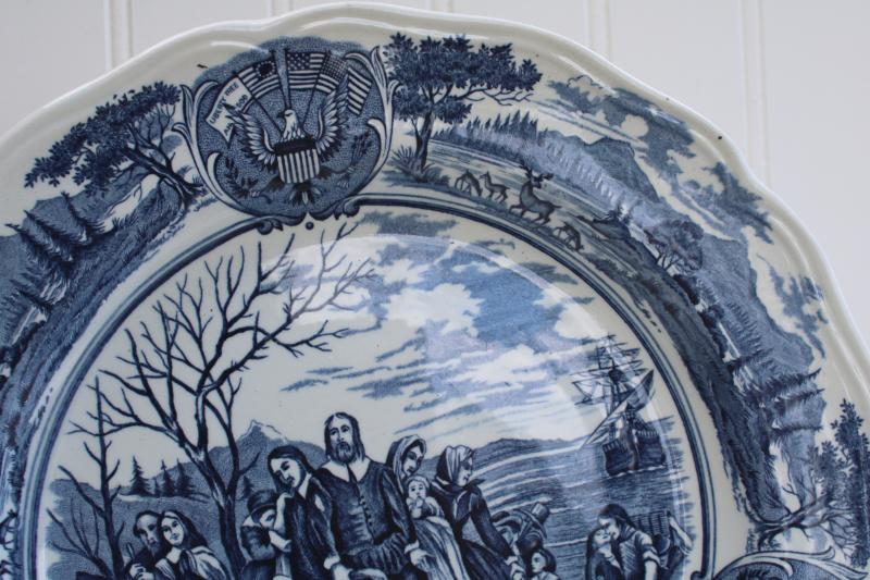 photo of vintage blue & white transferware Thanksgiving plates Pilgrims at Plymouth America Hurrah #4