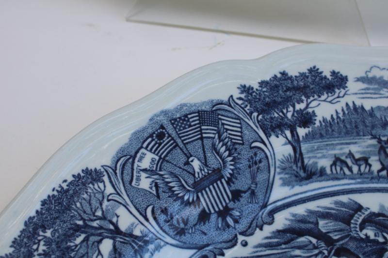 photo of vintage blue & white transferware Thanksgiving plates Pilgrims at Plymouth America Hurrah #5