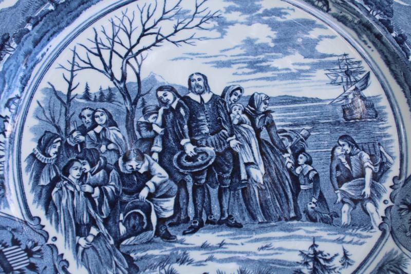 photo of vintage blue & white transferware Thanksgiving plates Pilgrims at Plymouth America Hurrah #6