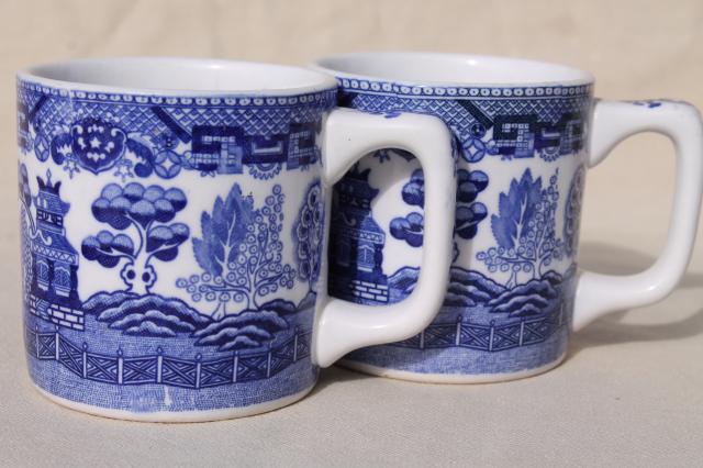 photo of vintage blue & white willow pattern ironstone china mugs or coffee cups #1