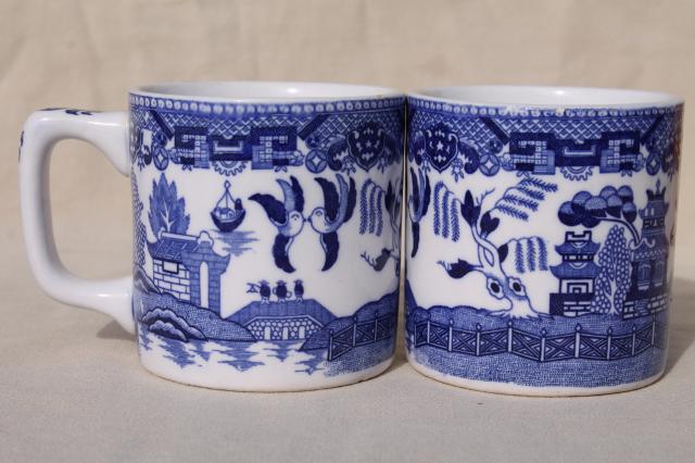 photo of vintage blue & white willow pattern ironstone china mugs or coffee cups #2