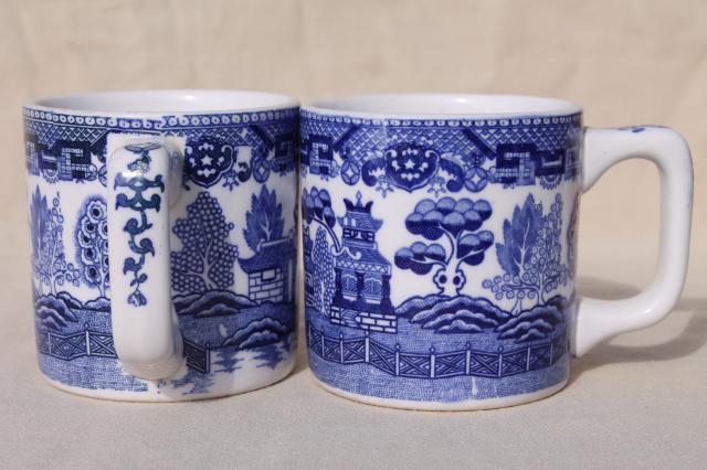 photo of vintage blue & white willow pattern ironstone china mugs or coffee cups #3