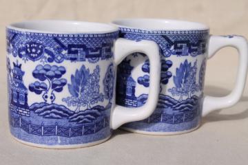 catalog photo of vintage blue & white willow pattern ironstone china mugs or coffee cups