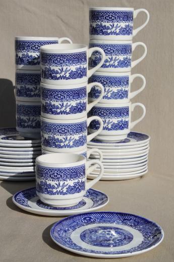 photo of vintage blue willow china cups & saucers, plates - willowware tea set dishes for 12 #1