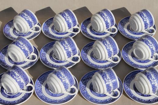 photo of vintage blue willow china cups & saucers, plates - willowware tea set dishes for 12 #3