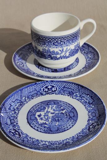 photo of vintage blue willow china cups & saucers, plates - willowware tea set dishes for 12 #4