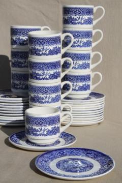 catalog photo of vintage blue willow china cups & saucers, plates - willowware tea set dishes for 12