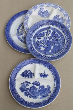 catalog photo of vintage blue willow china grill plates, collection of four different divided plates