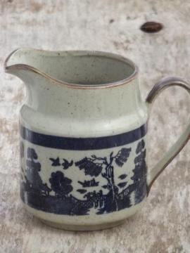 catalog photo of vintage blue willow stoneware  milk pitcher, blue on tan speckle pottery