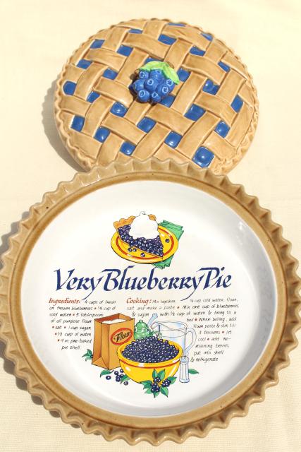 photo of vintage blueberry pie cover, ceramic pie plate pan w/ printed recipe #3