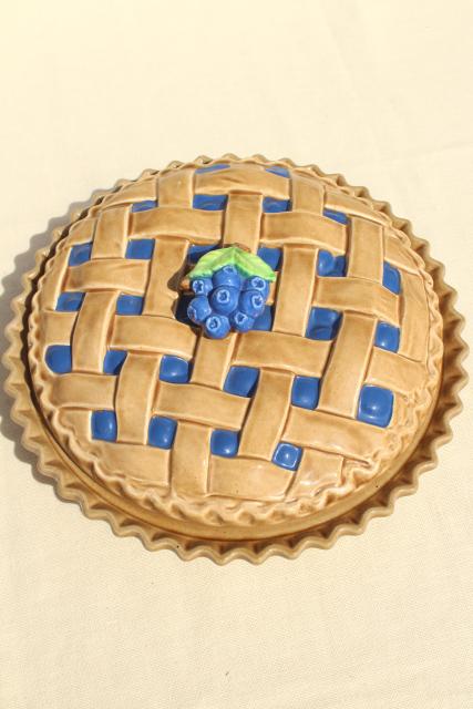 photo of vintage blueberry pie cover, ceramic pie plate pan w/ printed recipe #5