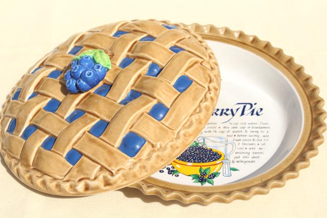 photo of vintage blueberry pie cover, ceramic pie plate pan w/ printed recipe #7