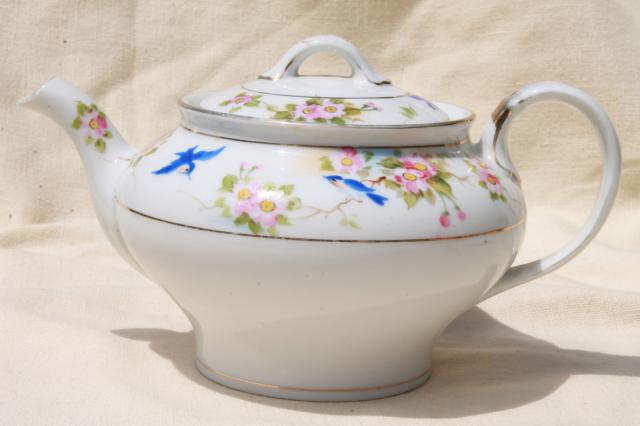 photo of vintage bluebird china tea pot, hand painted Nippon porcelain teapot w/ blue birds #3
