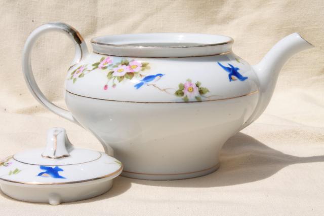 photo of vintage bluebird china tea pot, hand painted Nippon porcelain teapot w/ blue birds #5