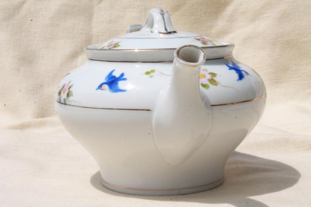 photo of vintage bluebird china tea pot, hand painted Nippon porcelain teapot w/ blue birds #6