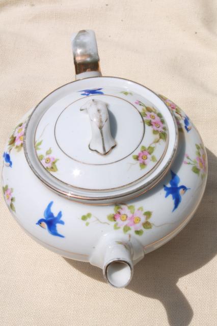 photo of vintage bluebird china tea pot, hand painted Nippon porcelain teapot w/ blue birds #7