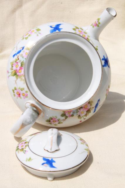 photo of vintage bluebird china tea pot, hand painted Nippon porcelain teapot w/ blue birds #8