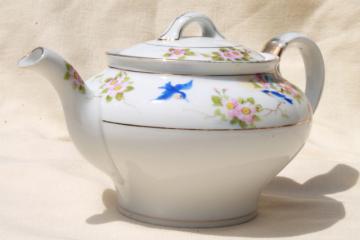 catalog photo of vintage bluebird china tea pot, hand painted Nippon porcelain teapot w/ blue birds