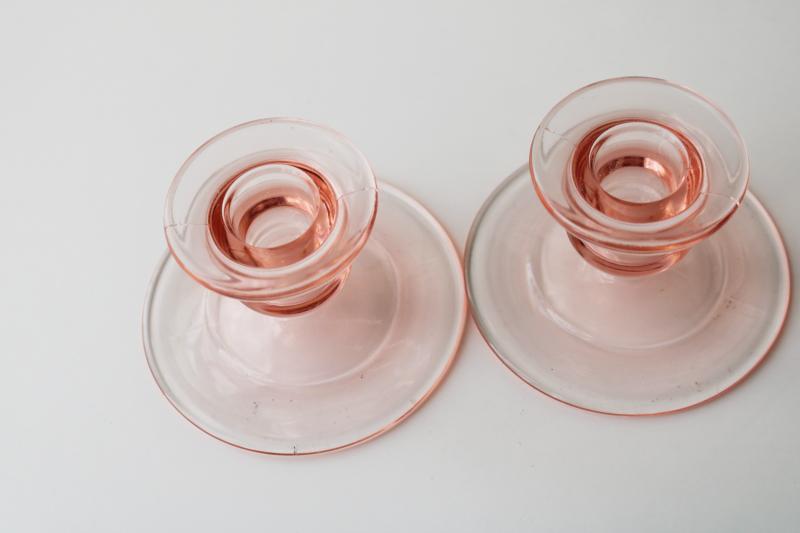 photo of vintage blush pink depression glass candle holders, pair of low candlesticks #2