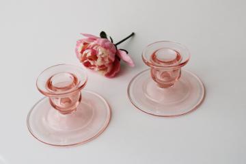 catalog photo of vintage blush pink depression glass candle holders, pair of low candlesticks