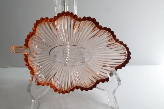 photo of vintage blush pink depression glass candy dish, fine rib pattern leaf shaped bowl #4