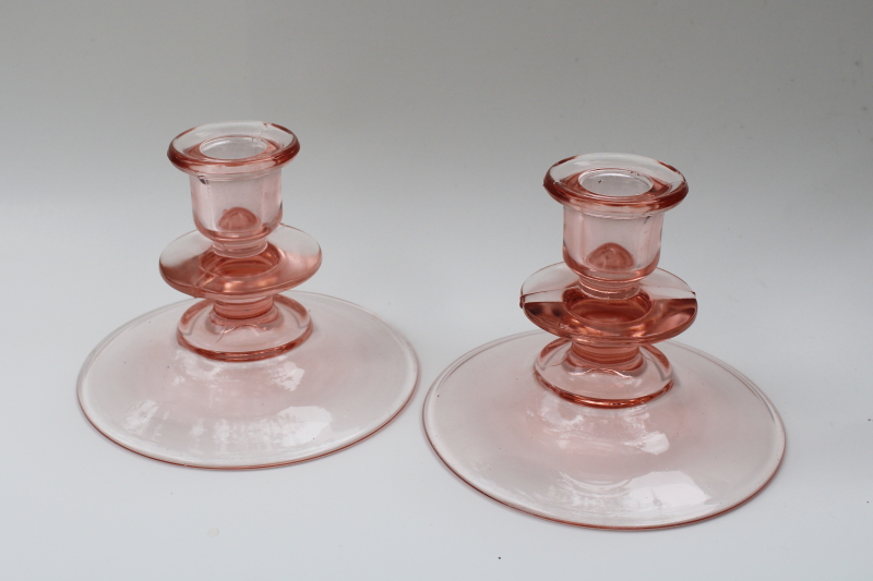photo of vintage blush pink depression glass single candle holders, non etched pair low candlesticks #1