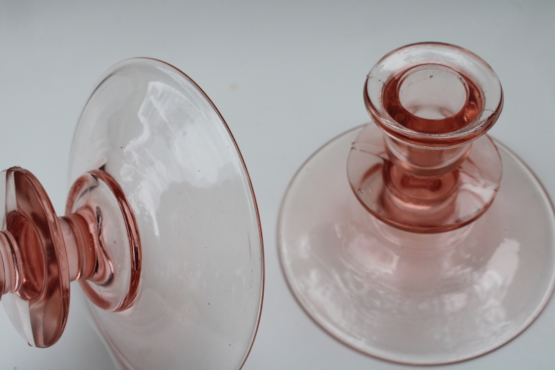 photo of vintage blush pink depression glass single candle holders, non etched pair low candlesticks #2