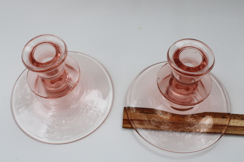 photo of vintage blush pink depression glass single candle holders, non etched pair low candlesticks #3