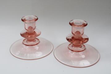 catalog photo of vintage blush pink depression glass single candle holders, non etched pair low candlesticks