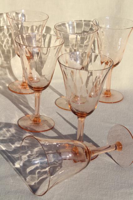 photo of vintage blush pink depression glass water glasses or wine goblets, panel optic pattern #1